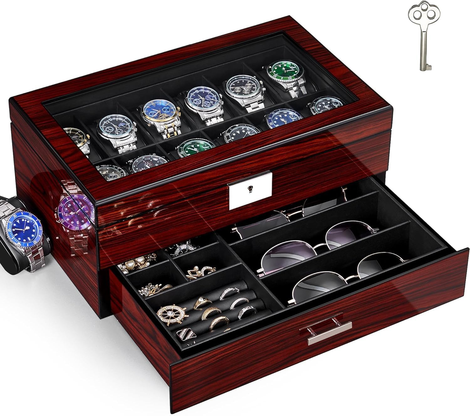 Jewelry Watches Box - 12-Slot Watch Box with Glass Lid,