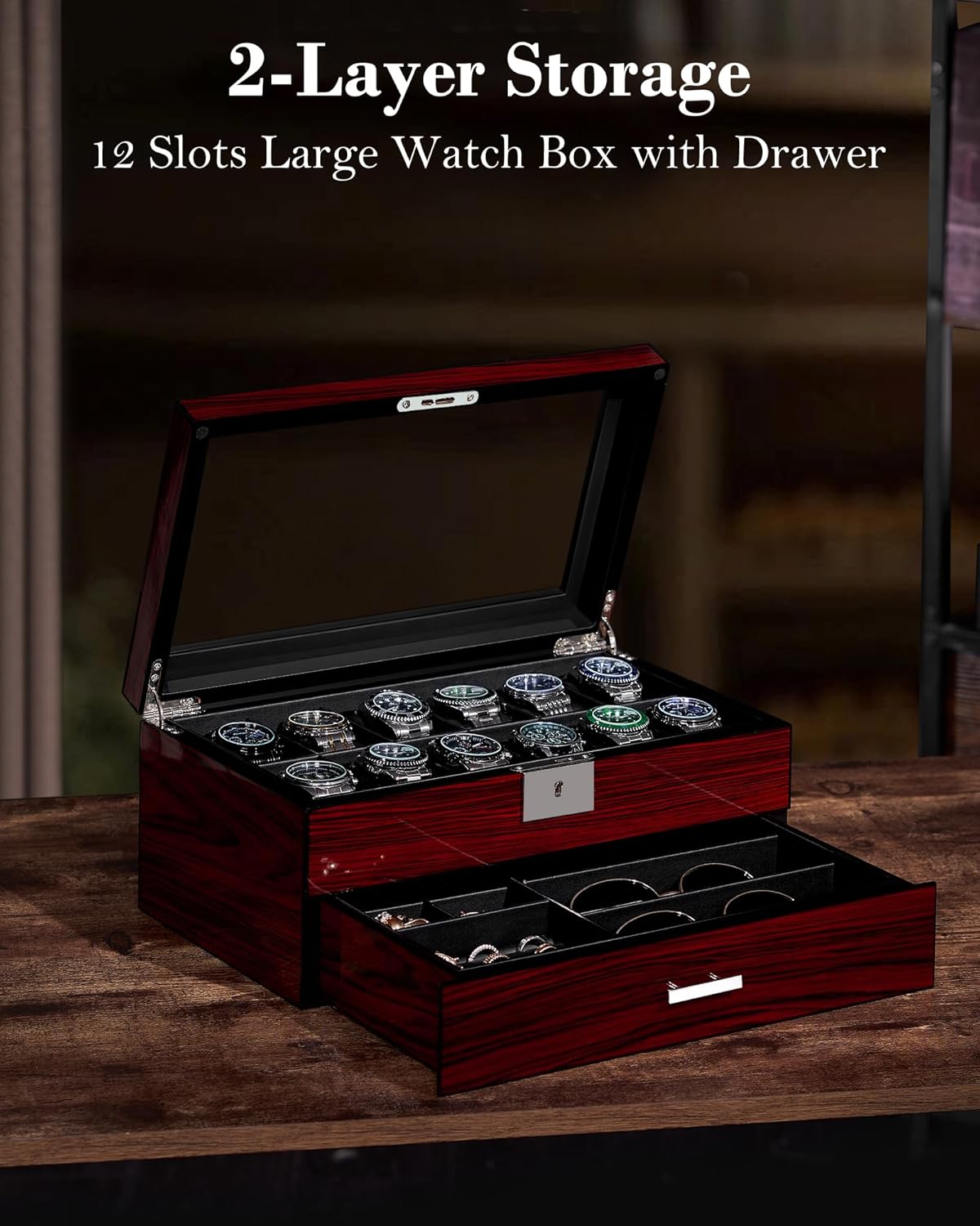 12-Slot Watch Box with Glass L - Jewelry Watches Box recensie en prijs