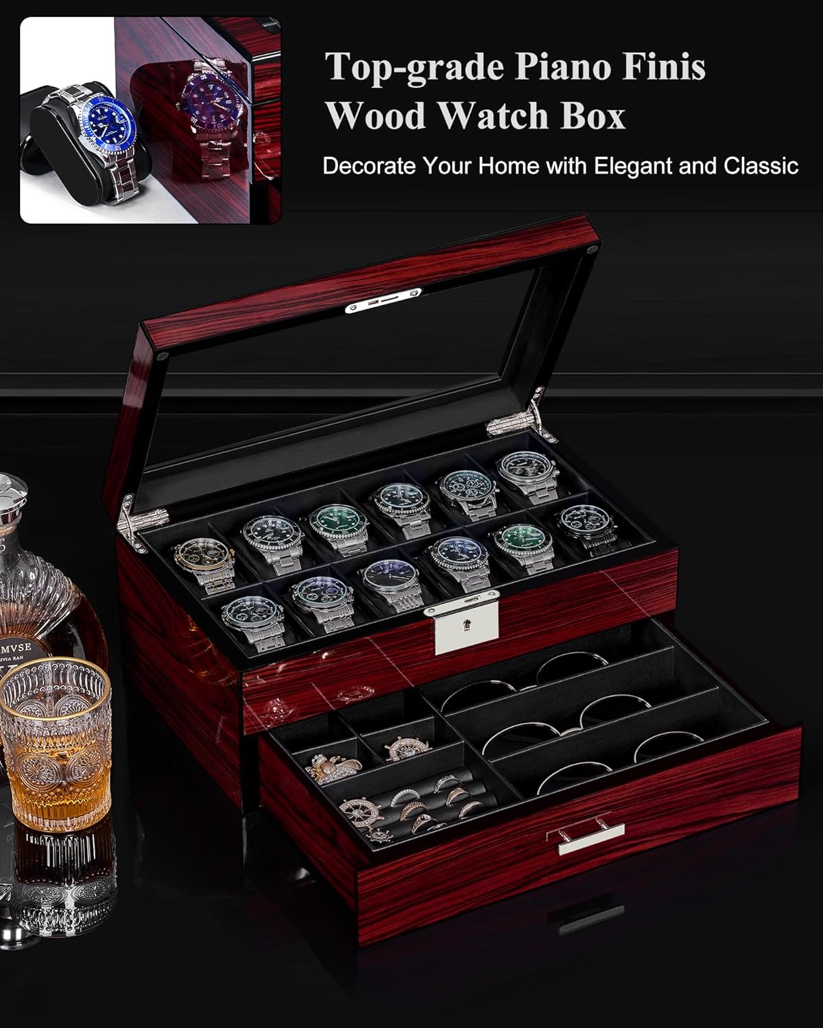 12-Slot Watch Box with Glass L - Jewelry Watches Box recensie en prijs